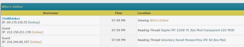 Forum 'Who's Online' list showing usernames, IPs, times, and locations