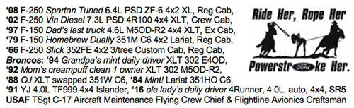Text listing vehicles and their descriptions, with a graphic of cowboys and a steer
