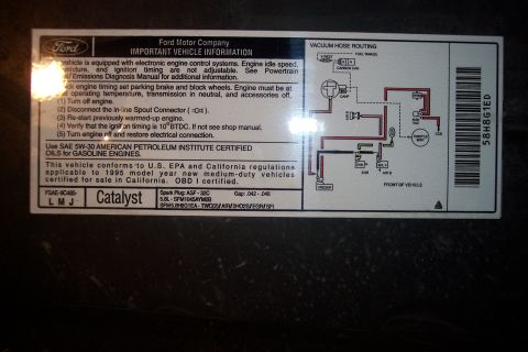1995 Ford Bronco - Emissions control information sticker for a 1995 model year Ford vehicle, detailing vacuum hose routing and compliance.