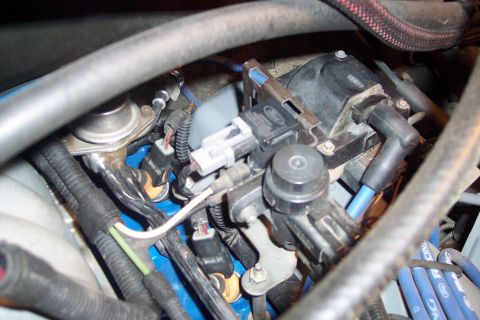 1995 Ford Bronco - This image shows a close-up of an engine's ignition coil pack and associated wiring, not a specific vehicle model year.