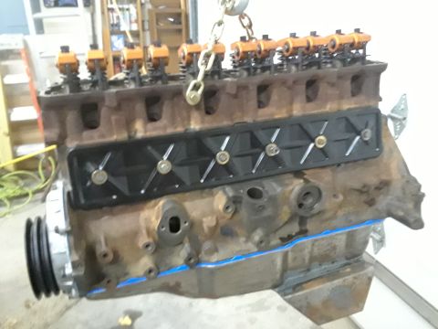 1985 Ford Bronco - A V8 engine block is shown, possibly during a rebuild or repair process.