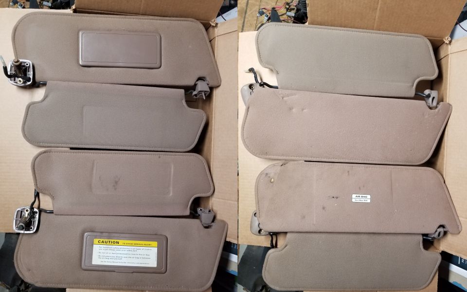 '94-97 Bronco/F Mocha Dual Visor Set (#2)
IF THE IMAGE IS TOO SMALL, click it.

Fits '80-96 Bronco & F-series (& '97>8500GVWR)

[url=https://youtu.be/gERIvTqcl54?t=1367]This hour-long video[/url] shows how to reupholster the headliner & visors, but the link begins at the visors.