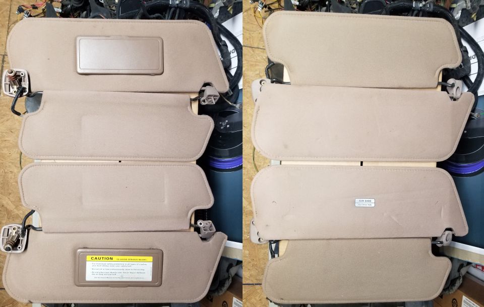 '94-97 Bronco/F Mocha Dual Visor Set (#3)
IF THE IMAGE IS TOO SMALL, click it.

Fits '80-96 Bronco & F-series (& '97>8500GVWR)

[url=https://youtu.be/gERIvTqcl54?t=1367]This hour-long video[/url] shows how to reupholster the headliner & visors, but the link begins at the visors.