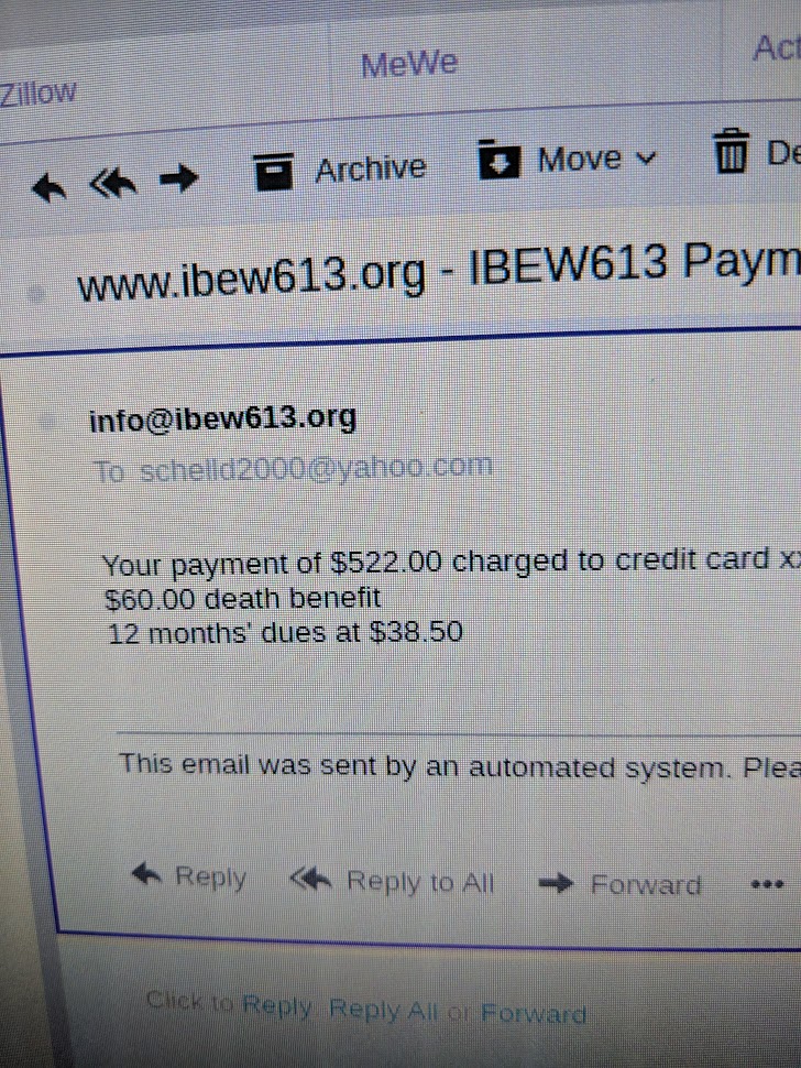Screenshot of an IBEW 613 dues payment confirmation email