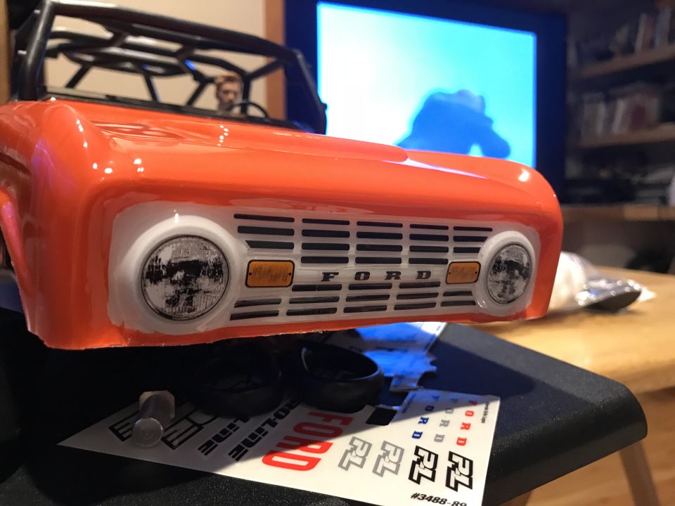 Orange RC Ford Bronco front grille and headlights
