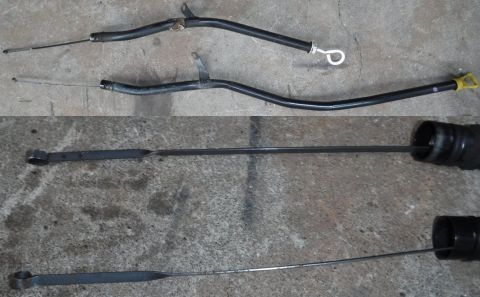 1992 Ford Bronco - '92 (top) vs '96-97 (bottom) transmission dipstick tube. Plus close-ups of the dipsticks (reversed order, oops), with the cross hatches mor…