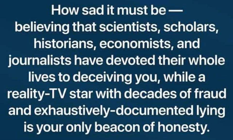 Text on a dark blue background about trusting experts versus a reality-TV star.