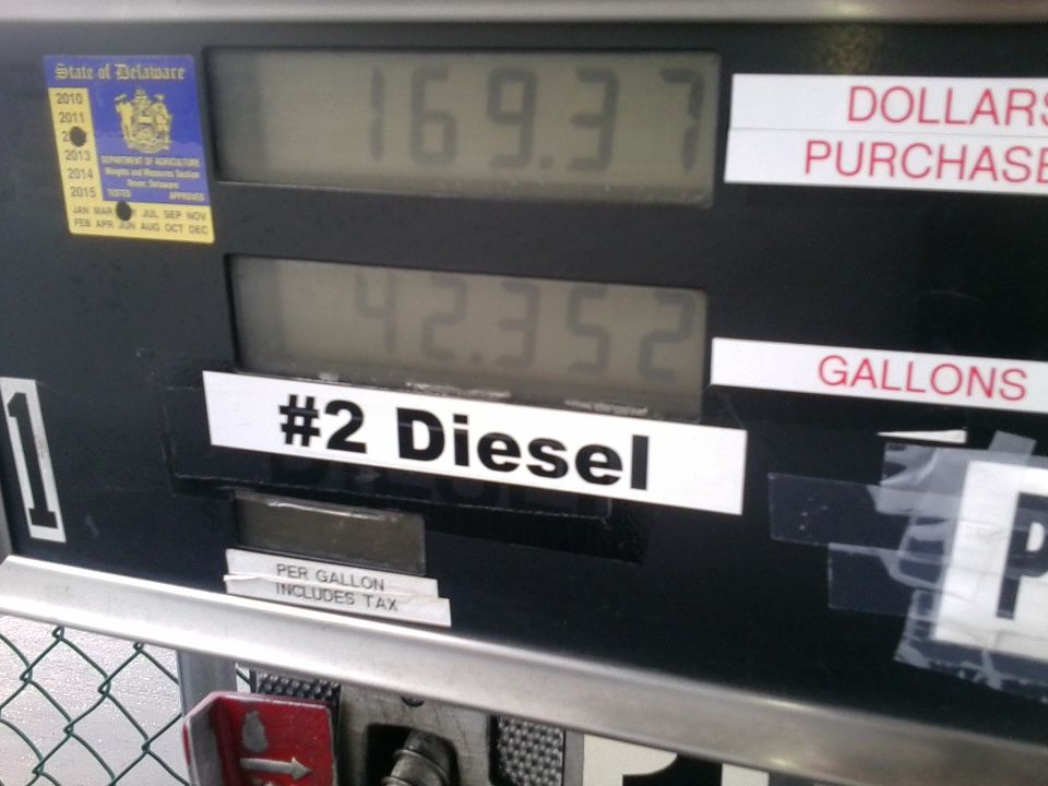 Gas pump display showing $169.37 dollars and 42.352 gallons of #2 Diesel