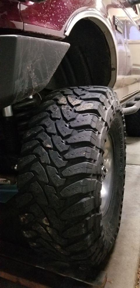 1996 Ford Bronco - A close-up view focuses on the tread of a vehicle's tire and a portion of its fender.