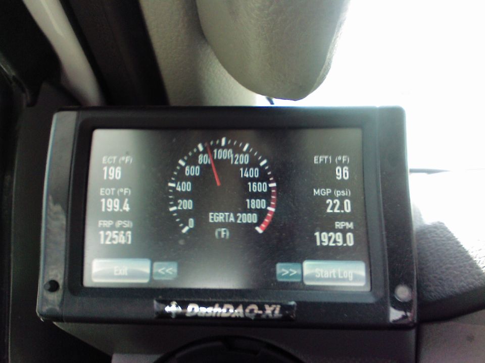 DashDAQ-XL display showing engine temperatures, fuel pressure, boost, and RPM