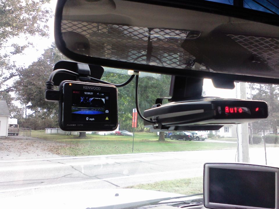 Kenwood dashboard camera and Escort radar detector mounted on windshield
