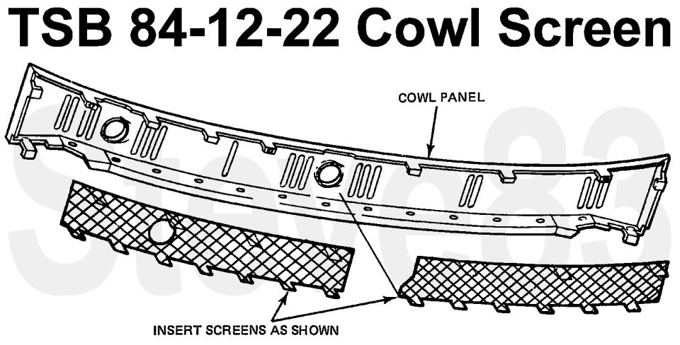 TSB 84-12-22 cowl screen diagram showing cowl panel and two mesh insert screens