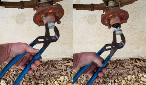 1983 Ford Bronco - This is the tool Ford recommends for removing hammer-on grease caps. Tap the pliers with a small hammer near the grooves to work the cap ou…