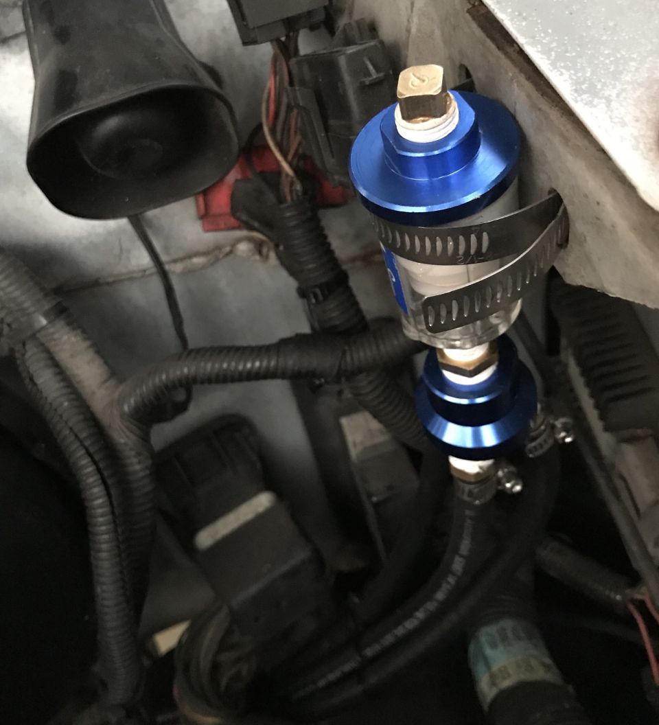 Blue anodized fuel filter with metal clamp and hoses attached