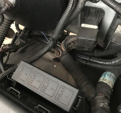 1995 Ford Bronco - Close-up view of a vehicle's engine bay, focusing on the electrical wiring and a relay control module.