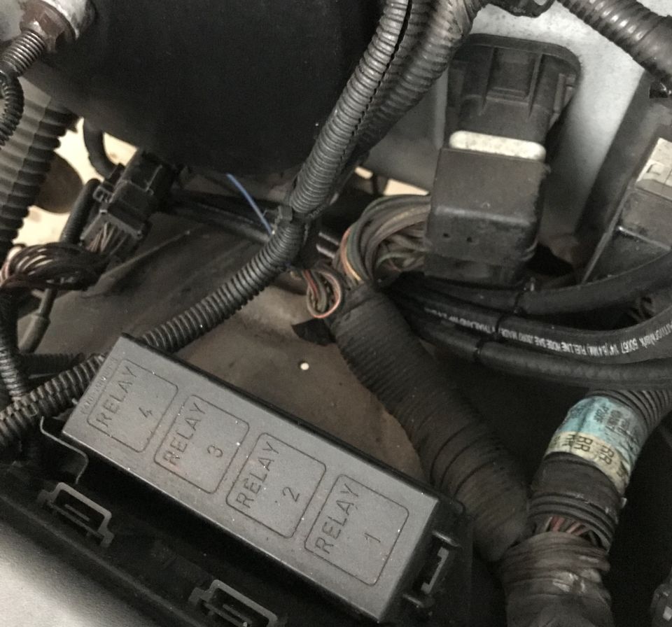 engine bay wiring harness and relay box with labels for relay 1, 2, 3, and 4