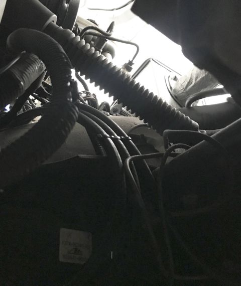 1995 Ford Bronco - Close-up view of the engine bay hoses and wiring in a 1995 Ford Bronco.