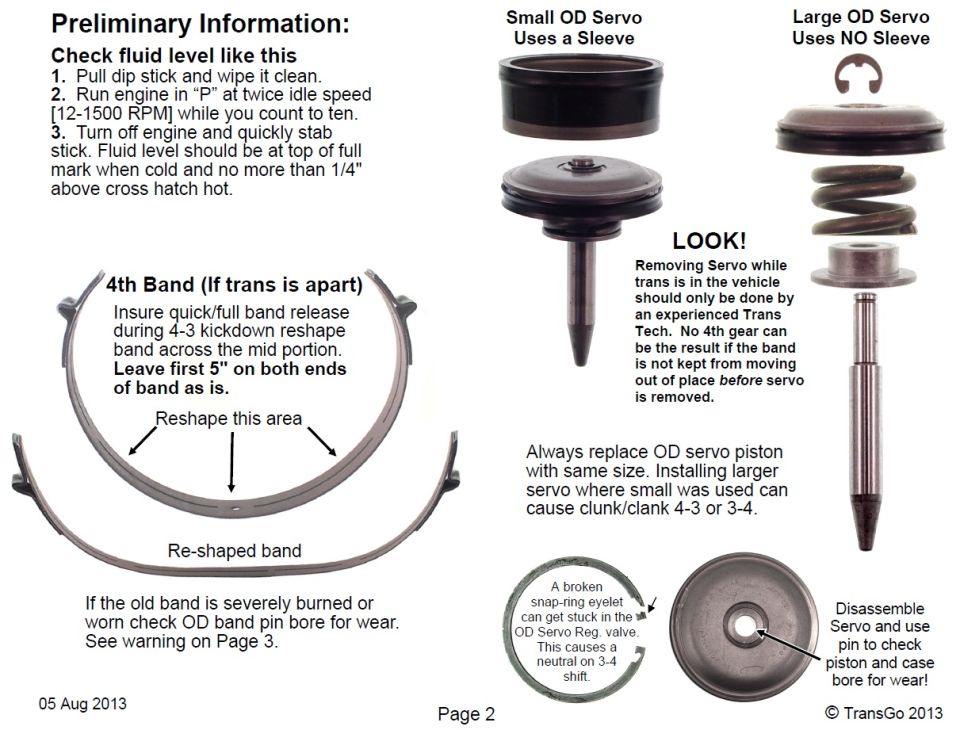 Transmission repair document with instructions on fluid level, 4th band, and OD servos.