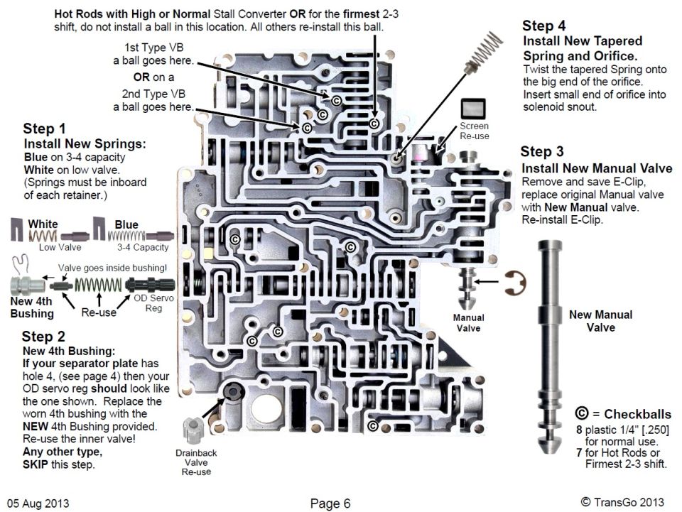 Diagram showing steps for installing parts in an automatic transmission valve body.