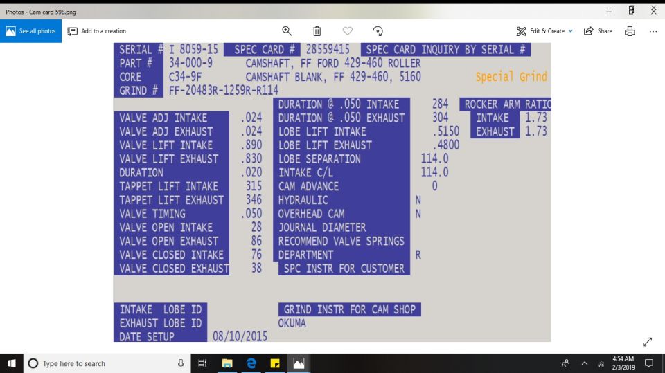 These cam specs from Kaase I am using 1.80 ratio rockers 

so .927 intake .864 exhaust
