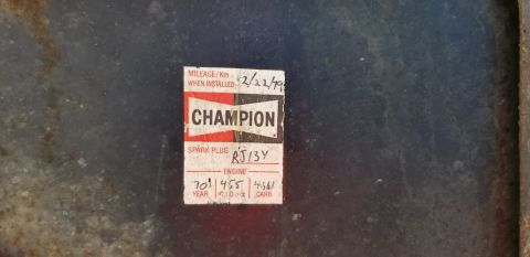 1970 Pontiac GTO — Champion spark plug sticker with installation date and model number RJ13Y.