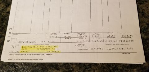 1970 Pontiac GTO - This document details a vehicle sale transaction from Lou Reliska Pontiac, Inc. in 1969.