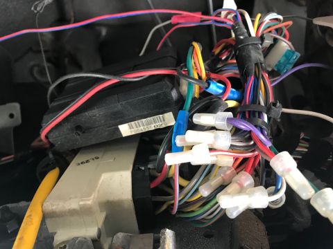 1996 Ford Bronco - Close-up view of a complex vehicle wiring harness with numerous connections and a fuse.