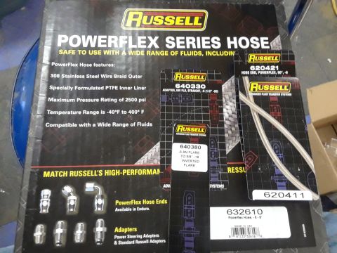 1985 Ford Bronco - Packaging for Russell Powerflex Series Hose, detailing features and available adapters.