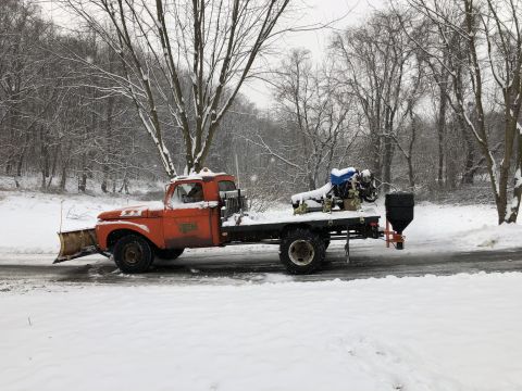 1961 Ford F-350 - This 1961 Ford F-350 is equipped for winter service with a front plow and a salt spreader.