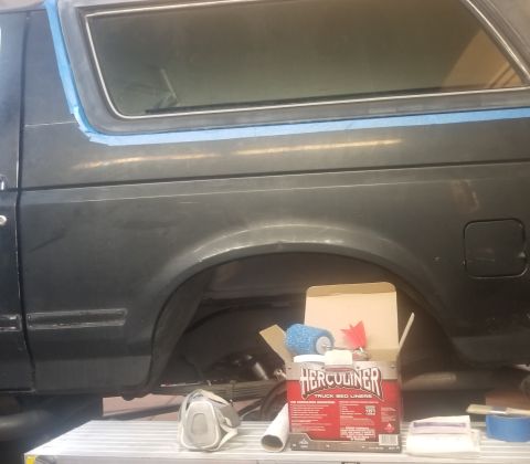 1993 Ford Bronco - Preparing to apply Herculiner to a 1993 Ford Bronco's body panels.