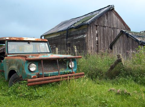 1991 Ford Bronco - An old, rusted teal SUV sits abandoned in a field of tall grass, with a dilapidated barn in the background.