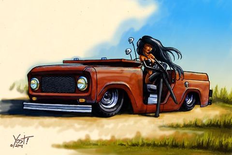 1991 Ford Bronco - A stylized illustration depicts a lowered pickup truck with a woman posing in the driver's seat.