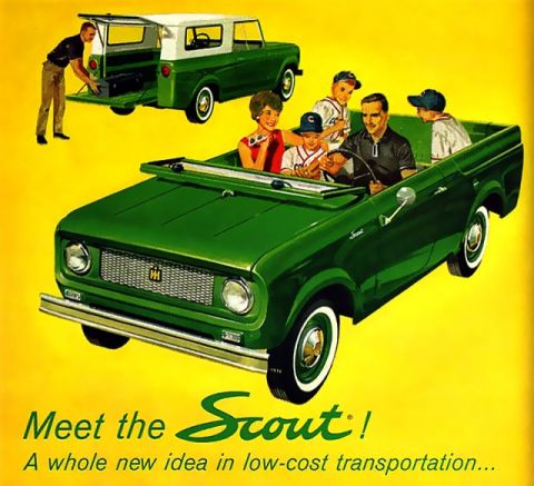 1991 Ford Bronco - A family enjoys a trip in a green International Harvester Scout, with another Scout in the background.