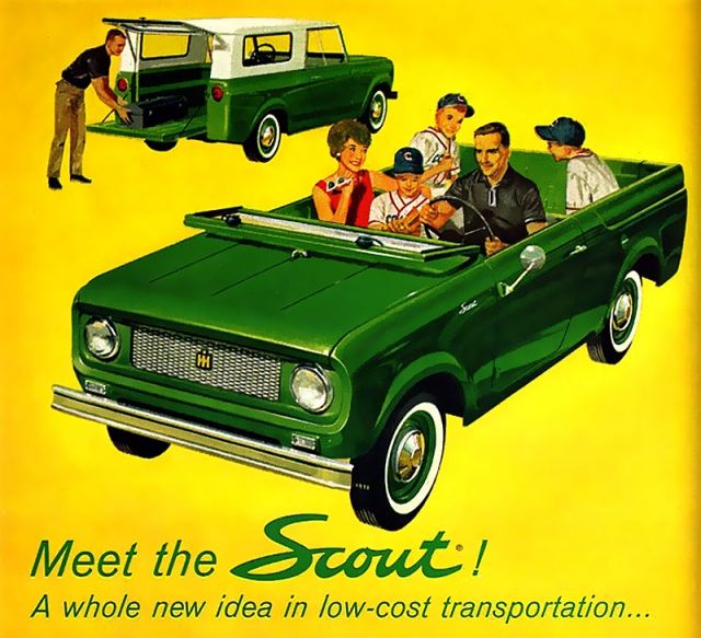 Green International Harvester Scout with family inside, another Scout with a man loading cargo