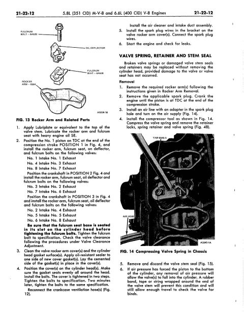 1980 Ford Bronco - Service manual page for 5.8L and 6.6L V8 engines giving step-by-step rocker arm and valve spring/stem seal removal procedures with figures.