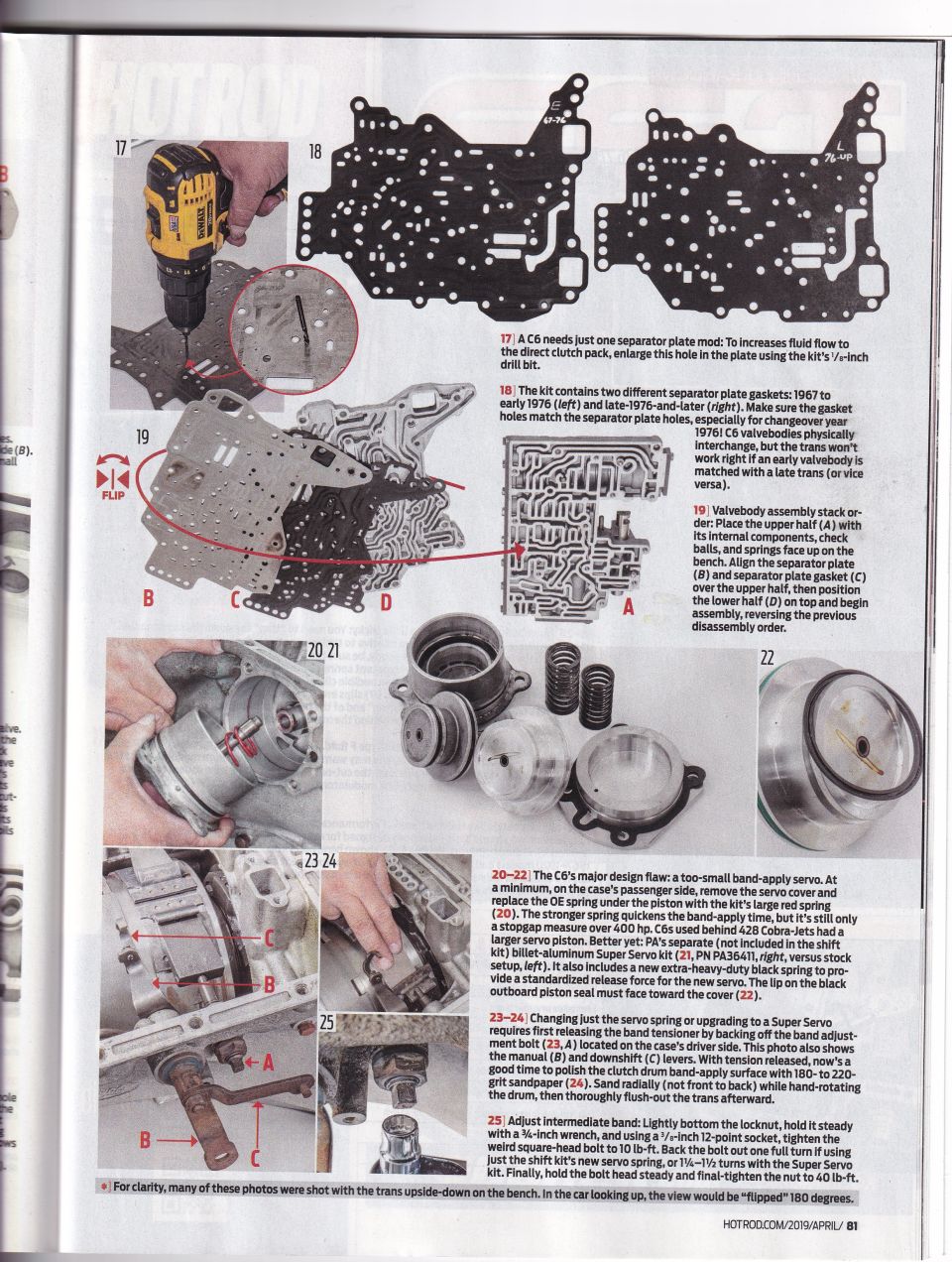 Magazine how-to page with photos and numbered steps for rebuilding a C6 transmission valve body