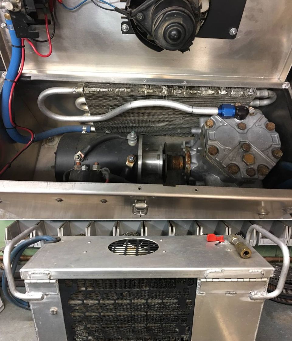 Interesting mobile OBA setup I saw in a craigslist ad, using a starter solenoid and starter motor to power a York directly, complete with cooler and fan, quick connect battery terminals, etc.  I'm not seeing what they did for a suction line, though, as that port looks to be capped.