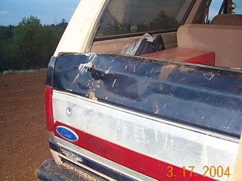 1986 Ford Bronco - The rear of a 1986 Ford Bronco shows damage to the dark blue trim above the tailgate.