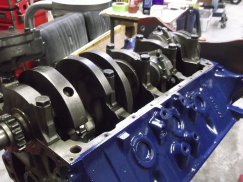 1976 Ford Ranchero - Engine block and crankshaft assembly, likely undergoing rebuild or modification.