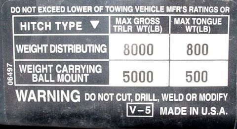 1986 Ford Bronco - This label details the maximum gross trailer and tongue weights for different hitch types.