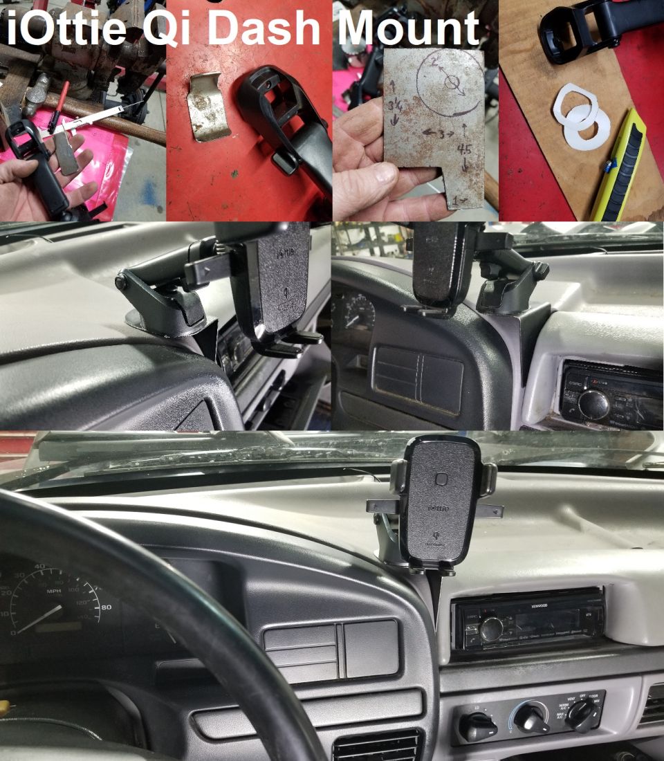 Collage of DIY iOttie Qi phone mount bracket build installed on gray truck dash