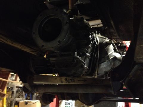 1978 Ford Bronco - Underside view of a vehicle's transmission and driveshaft, showing some handwritten measurements.