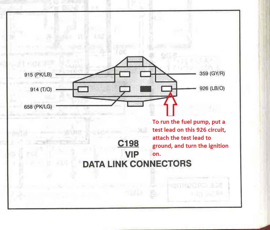 VIP data link connector C198 pinout diagram with fuel pump test note