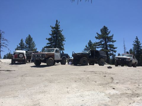 1984 Ford Bronco - A group of off-road vehicles are parked together on a dirt lot with trees in the background.