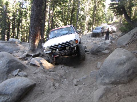 1984 Ford Bronco - This vehicle is navigating a challenging off-road trail with large rocks and trees.