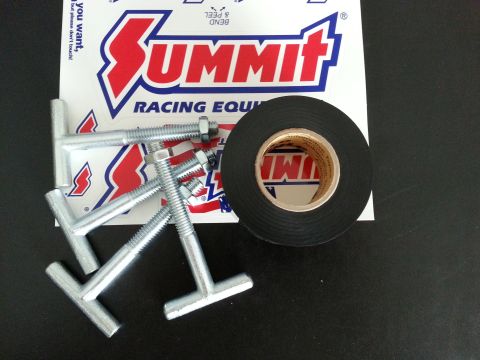 1978 Ford Bronco - A roll of black electrical tape sits next to several T-handle bolts and nuts, with a Summit Racing Equipment sticker in the background.