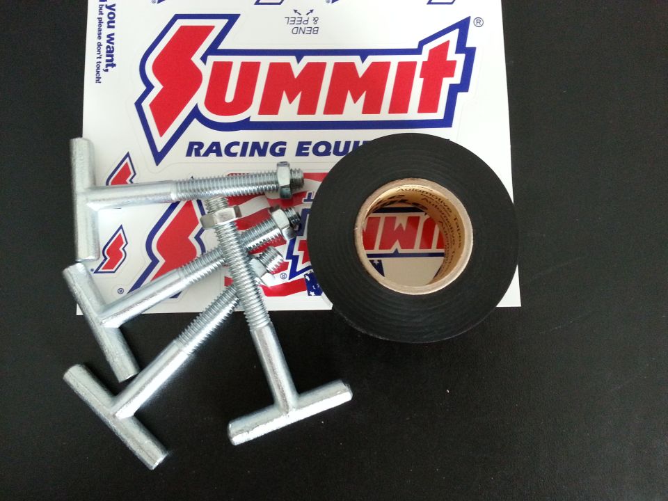 Roll of black electrical tape and T-handle bolts with Summit Racing sticker