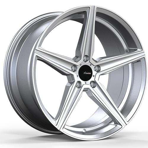 Silver five-spoke aftermarket wheel with black center cap