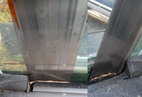 1992 Ford Bronco - Tailgate glass defrost grid, vertical bands patched up.