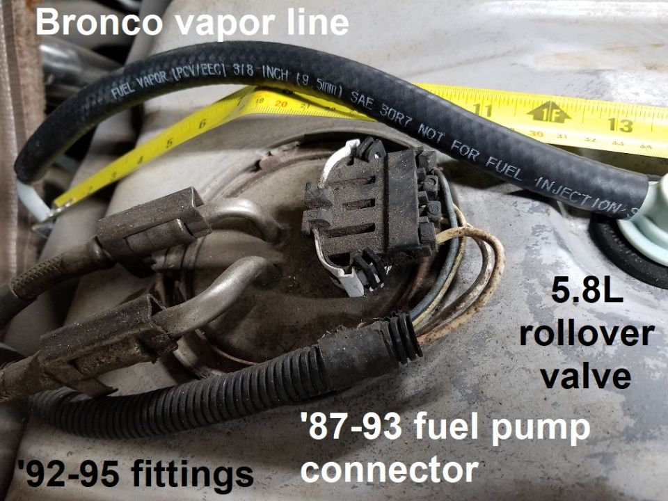 Bronco Tank Vapor Hose

It takes slightly more than a foot to connect the steel vapor line on the frame to the rollover valve on the tank of '80-96 Broncos.  If the hose is too short it can break the rollover valve.  The valve for 5.8L trucks costs over $100 new, but it's getting hard-to-find.

This hose is Gates 4219XL, which doesn't seem to be made any more, but other fuel/vapor/emissions hose IS made. Use 3/8"(10mm) fuel/emissions/vapor/PCV hose for the vapor line between the tank & charcoal canister. Do not use coolant, vacuum, ATF, PSF, or silicone hose.
